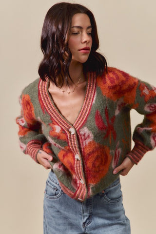 Vintage Floral Pattern Button Sweater Cardigan