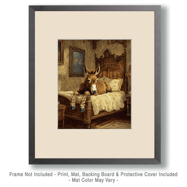 Mowbi - Donkey Relaxing in Bed - Bedroom Art Prints – 8″x10″ Artwork in 11″x14″ Mat