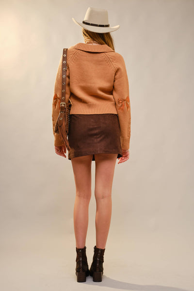 Horse Embroidered Zip Up Mock Neck Sweater