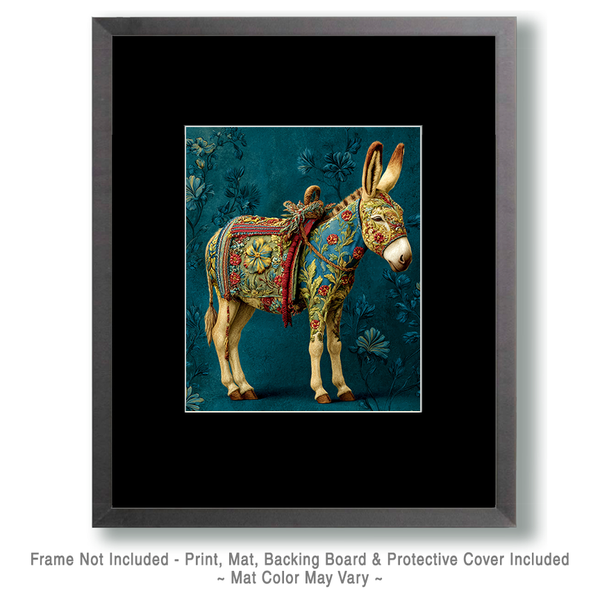 Mowbi - Nordic Rosemaling Style Decorative Donkey Showcasing Elaborate Florals and Intricate Hand Painted Accents - Matted Art Print