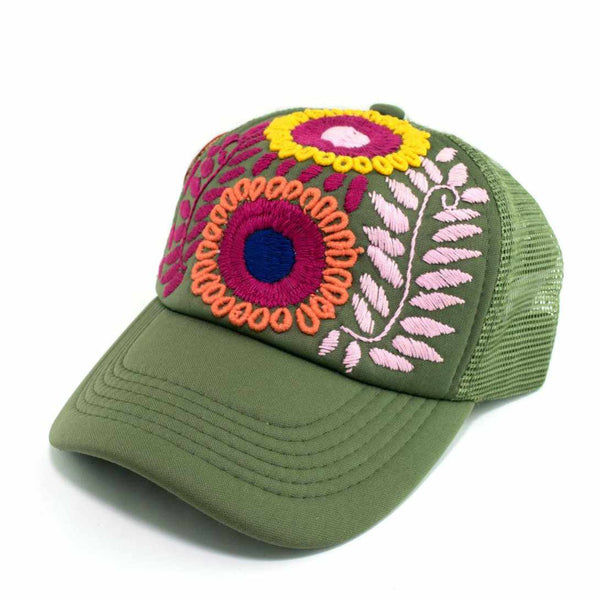 Lumily - Tulum Hand Embroidered Trucker Flower Hat - Mexico: Black Assorted