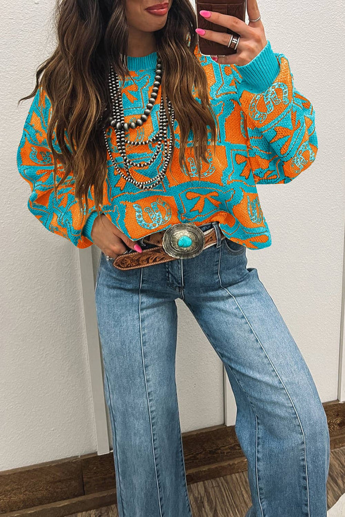 66DISCO - 66 Bows Horseshoes Pattern Western Plus Size Sweater (S-4X): Blue / XL