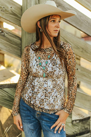 LUCKY & BLESSED - Leopard Printed Mesh long Sleeve Top: S