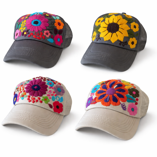 Lumily - Tulum Hand Embroidered Trucker Flower Hat - Mexico: Red Assorted