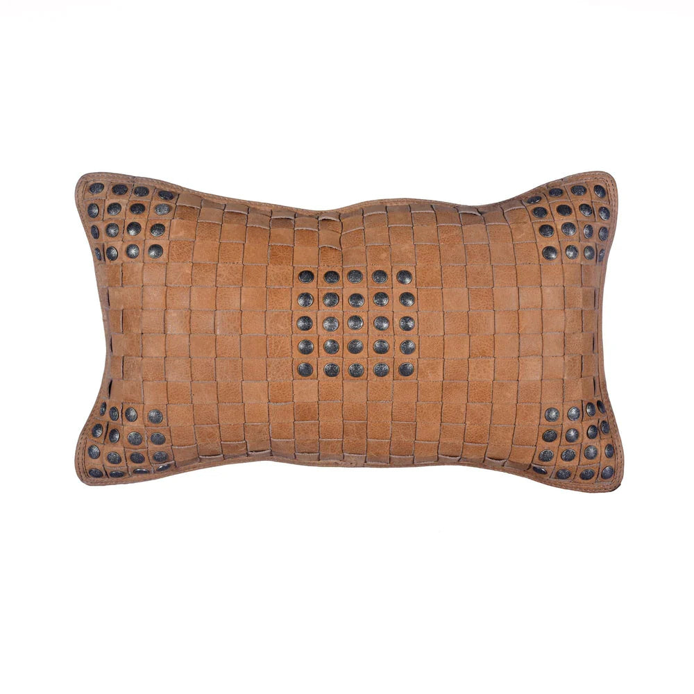 Genuine Leather Studded Basket Weave Pillow