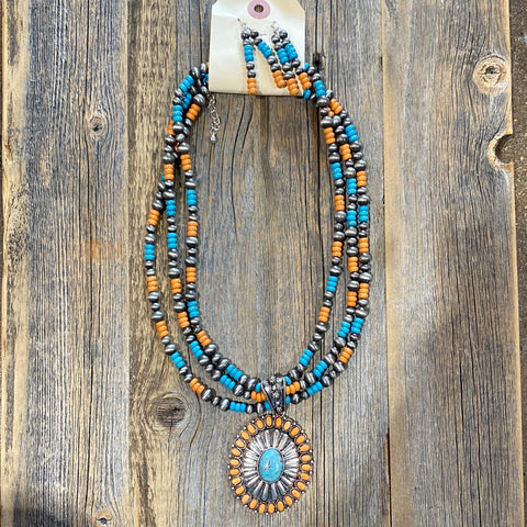 Org/Blu Navajo Necklace & Earring set