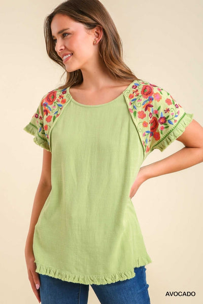 Embroidery Round Neck Short Sleeve Linen Top