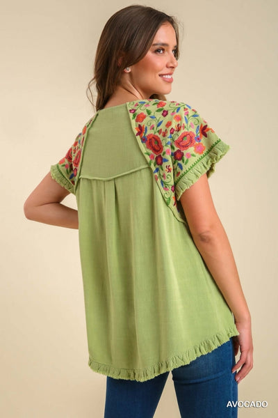 Embroidery Round Neck Short Sleeve Linen Top