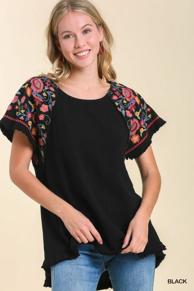 Embroidery Round Neck Short Sleeve Linen Top