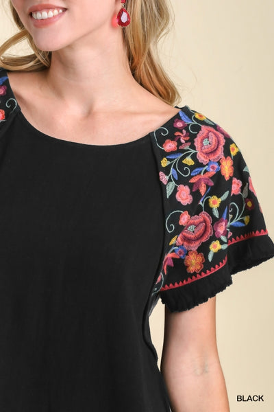 Embroidery Round Neck Short Sleeve Linen Top