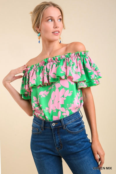 Satin Ruffle Off Shoulder Marrow Hem Top