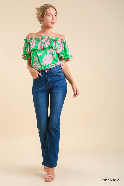 Satin Ruffle Off Shoulder Marrow Hem Top