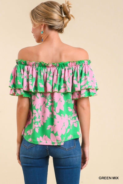 Satin Ruffle Off Shoulder Marrow Hem Top