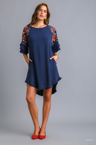 Embroidery High Low Hem Dress with Ruffle Details