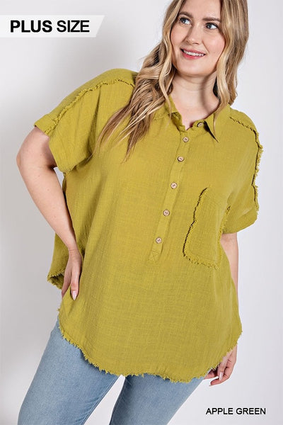 Raw Edge and Dolman Sleeve Popover Top (2 colors/Plus/Reg)