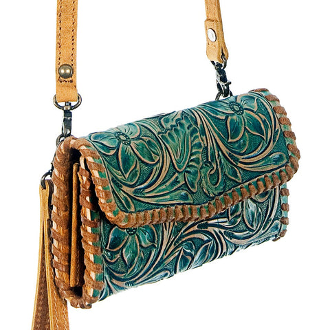 Turquoise Tooled Clutch W/ Shoulder Strap