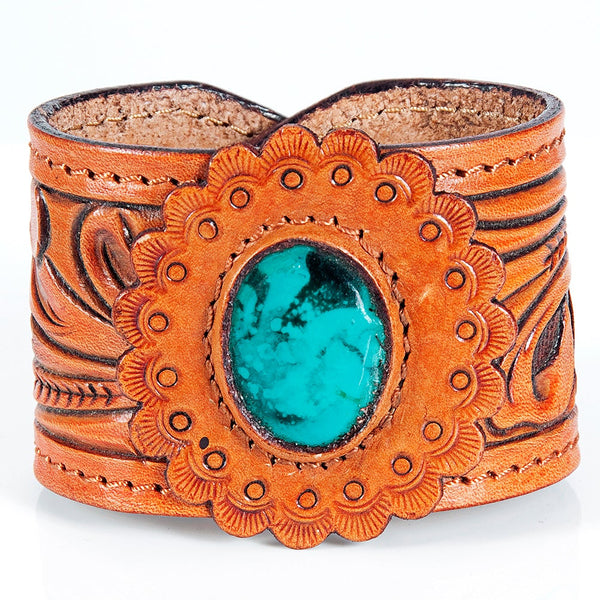 Tooled Leather Tapered Cuff w/ Turq Stone