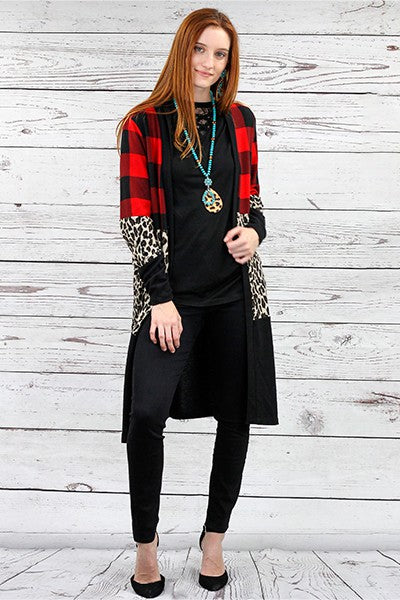 Buffalo Plaid and Leopard Cardigan with Pockets