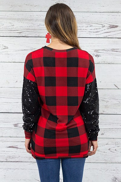 Fashion Red Buffalo plaid/sequin Top