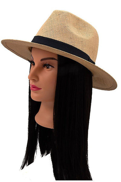 BLACK BAND ACCENT STRAW FEDORA SUN HAT -2 colors
