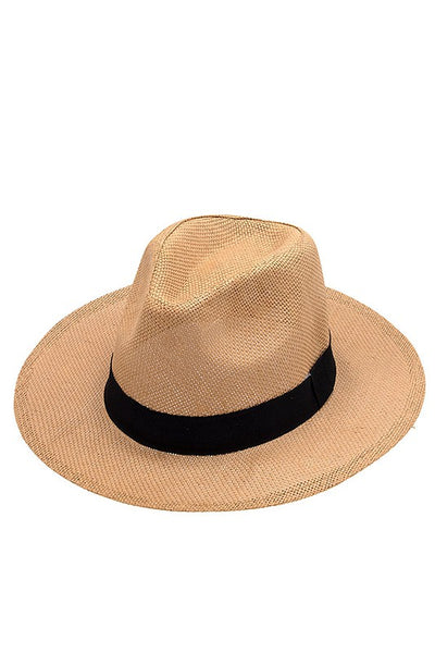 BLACK BAND ACCENT STRAW FEDORA SUN HAT -2 colors