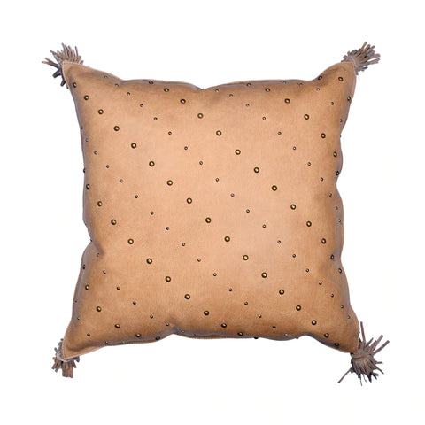 English Tan Leather Hide Throw Pillow w/ Studs and Tassel, 20x20