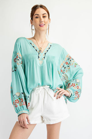 Poly Dobby Embroidered Top - Sage