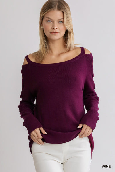 Boat Neck Sweater with Cutout Long Sleeves Sweater