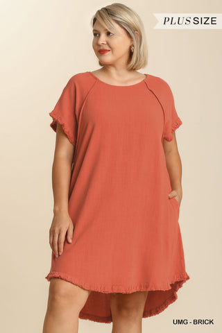 Lined Blend Pocket Dress- Plus - Brick
