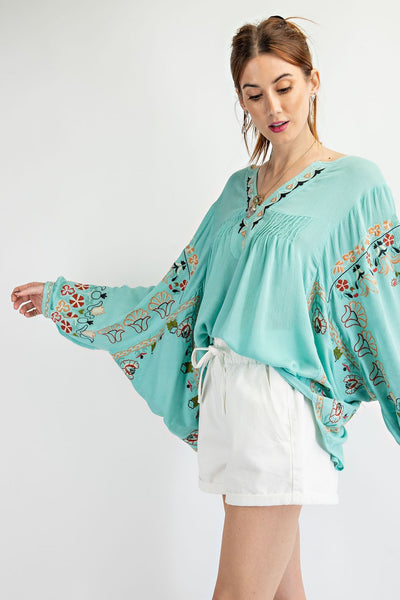 Poly Dobby Embroidered Top - Sage