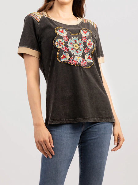 Mineral Wash Floral Embroidered Patchwork T Shirt