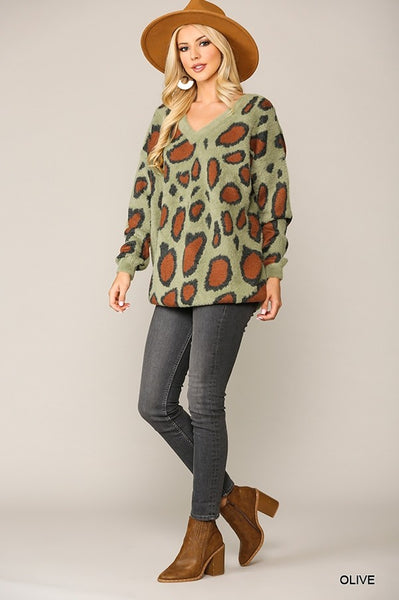 Leopard Pattern V-Neck Soft Sweater Top