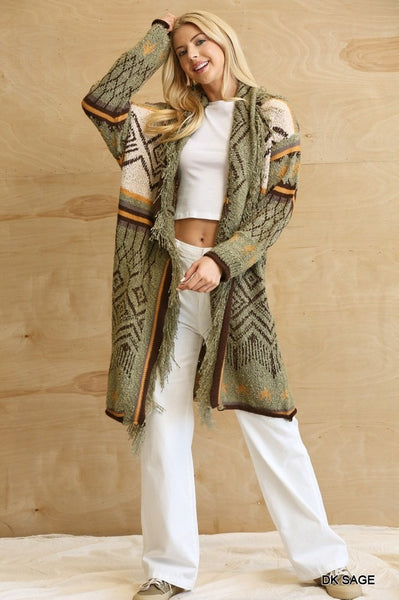 Pattern Knitting Long Cardigan with Fringe Detail