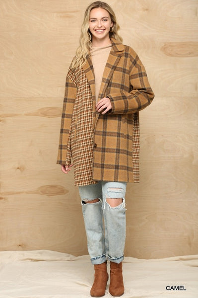 Mixed Oversize Coat with Pockets and Button