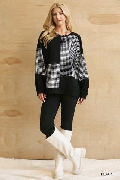 Textured Houndstooth and Color Block Knit Top