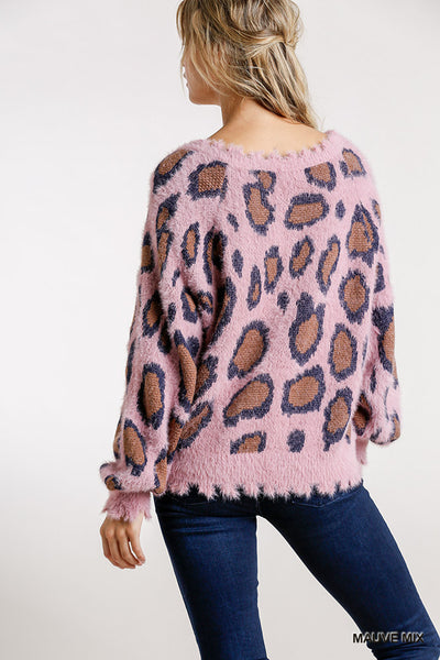 Mauve Animal Print Distressed Sweater