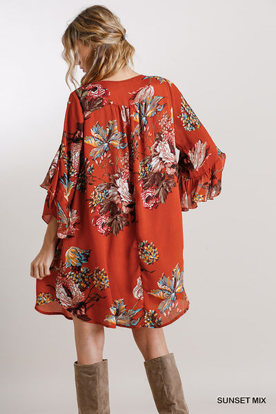 Floral Print Ruffle Sleeve Dress - 2 colors