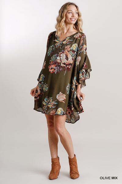 Floral Print Ruffle Sleeve Dress - 2 colors