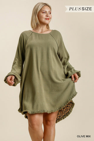 Olive Linen Animal Print Dress- Plus