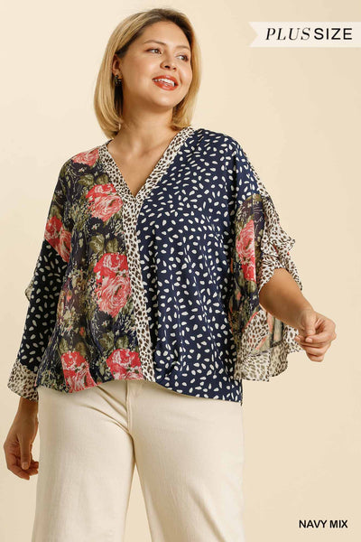 Mixed Printed Split Ruffle Sleeve Top with Metallic Threading Details