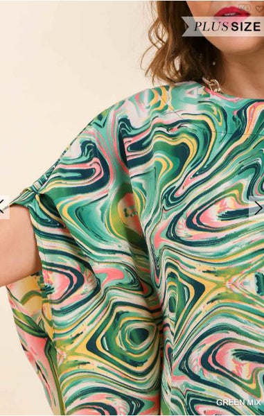 Abstract Swirl Print Boatneck Satin Tunic Kaftan