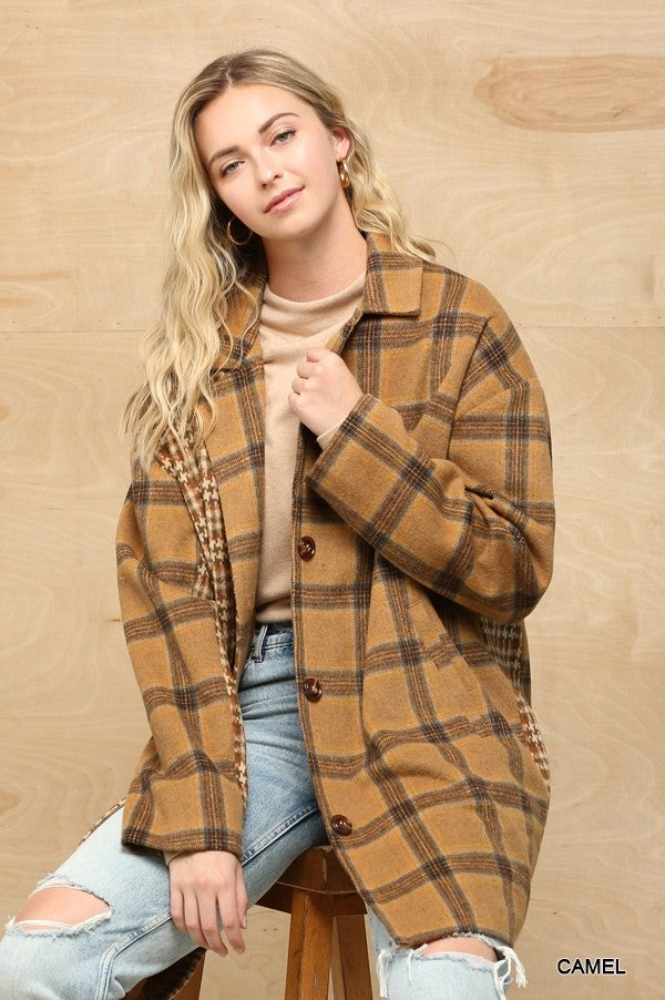 Mixed Oversize Coat with Pockets and Button