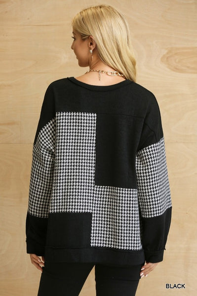 Textured Houndstooth and Color Block Knit Top