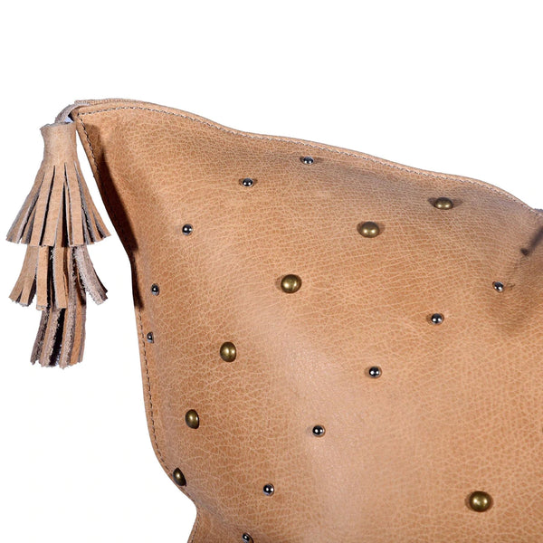 English Tan Leather Hide Throw Pillow w/ Studs and Tassel, 20x20