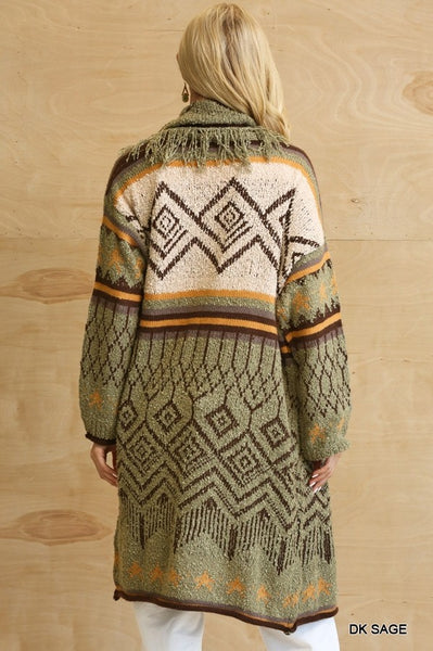 Pattern Knitting Long Cardigan with Fringe Detail