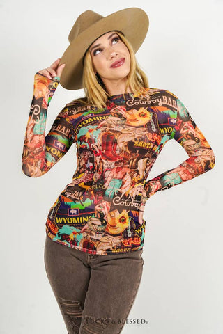 LUCKY & BLESSED - Collage Western Long Sleeve Mesh Top: L