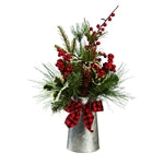 16'' High Pinecone and Holly Berries in Galvanized Watering Can Tabletop Décor