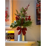 16'' High Pinecone and Holly Berries in Galvanized Watering Can Tabletop Décor