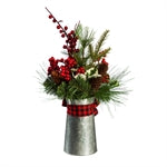 16'' High Pinecone and Holly Berries in Galvanized Watering Can Tabletop Décor