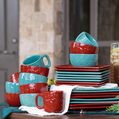 SAVANNAH 16-PC DINNERWARE SET, TURQUOISE & RED